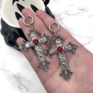 Halloween gothic punk Silver color Cross Earrings with Red Gem